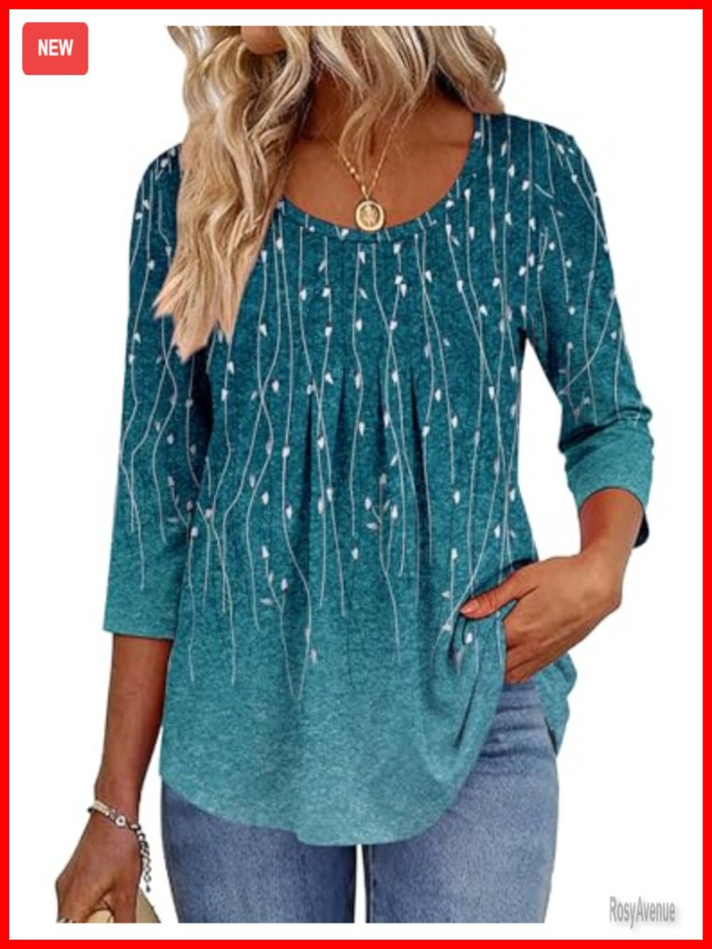 Women's 3/4 Sleeve Pleated Tunic Blouse Floral Casual Work Top